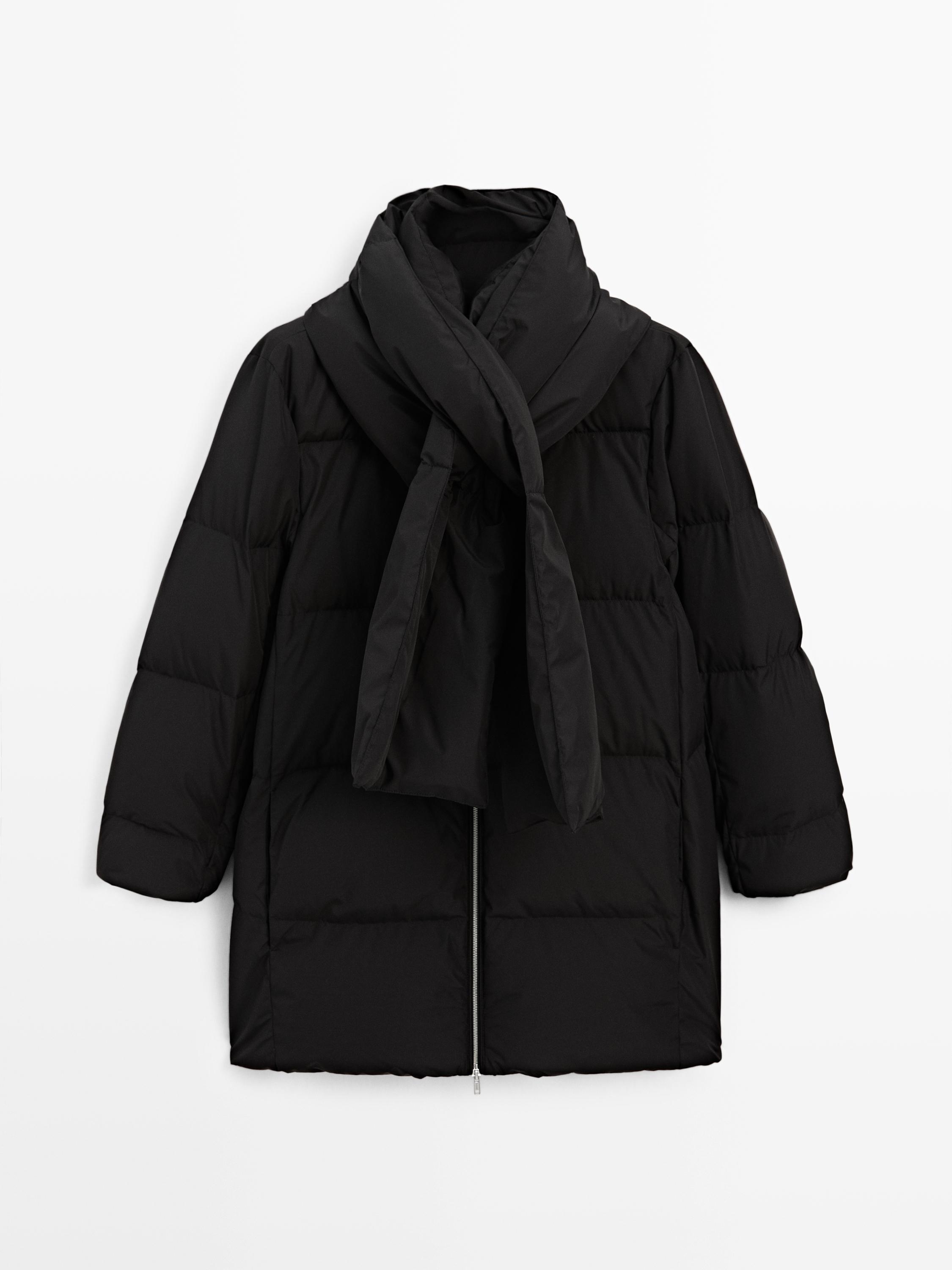 Water-repellent puffer jacket with scarf detail